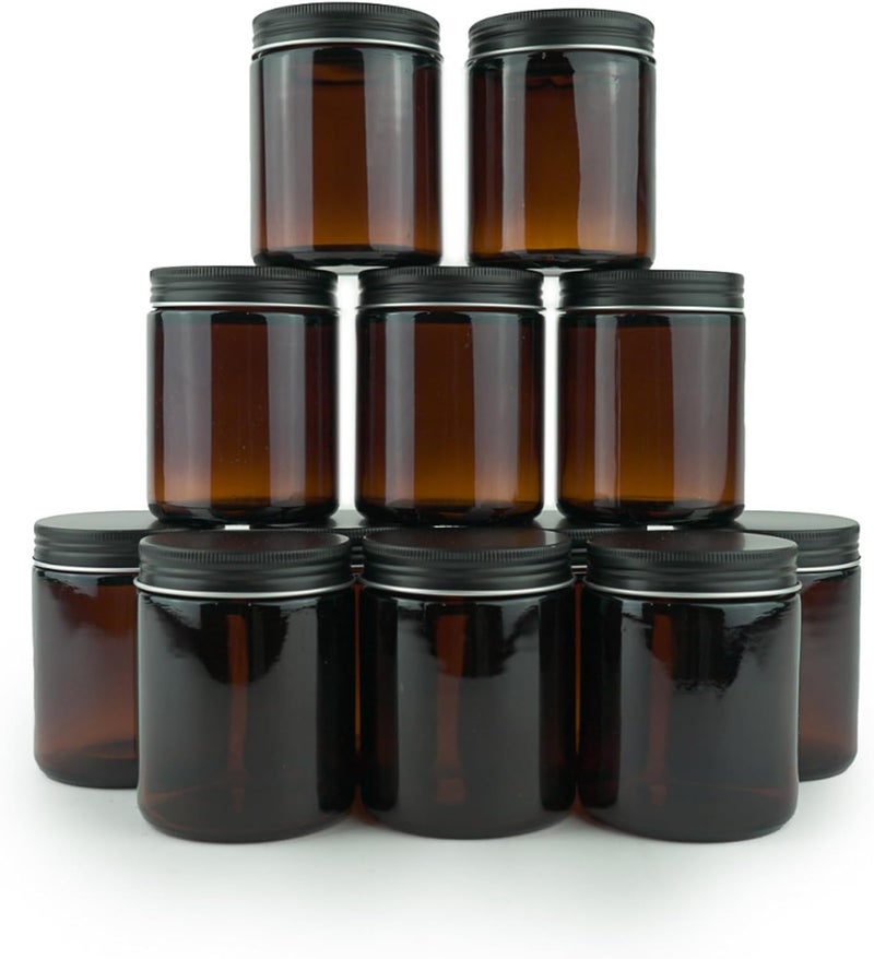 Nature Packaged Glass Amber 8oz Jar - 12 Packs, Empty Round Jars For Beauty Products, Lotion, and Powders - Black Lid - Small Candle Jars - Image 1